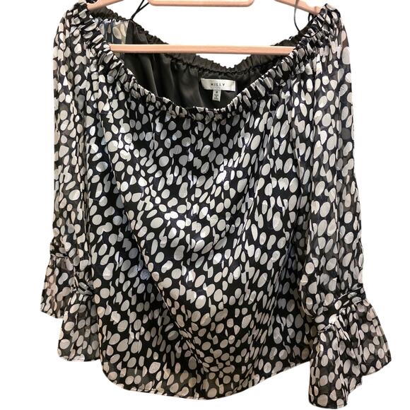 MILLY Revolve Black White Dot Burnout Silky Blouse Bell Sleeve Size Medium EUC - Picture 3 of 9